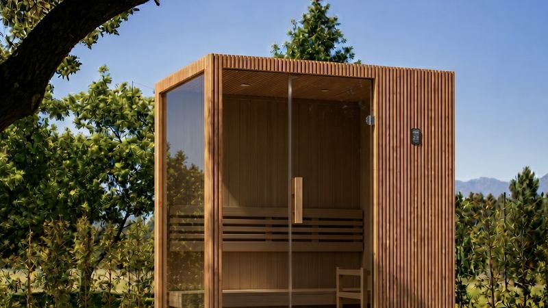 Timber sauna cabin with glass door and side panel standing beneath a leafy tree