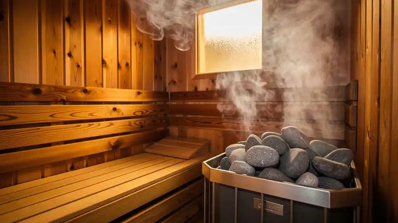 Steam rising from a mound of sauna heater stones