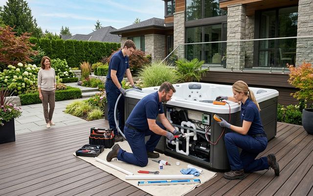 Installation team positioning a hot tub and checking plumbing on a backyard deck